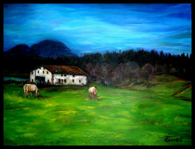 Paisaje con caserío y dos vacas 