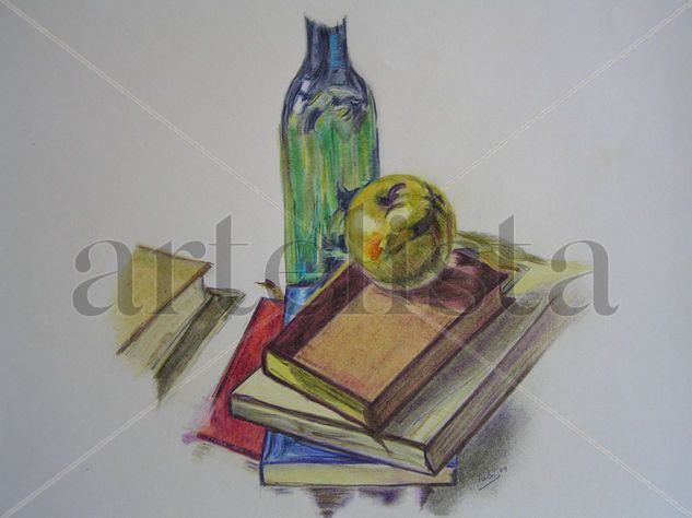 manzana sobre libros Pencil (coloured) Card Still Life Paintings