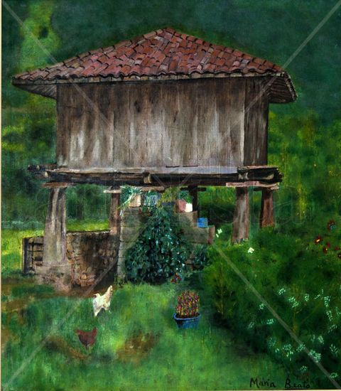 Hórreo con gallinas Oil Canvas Landscaping