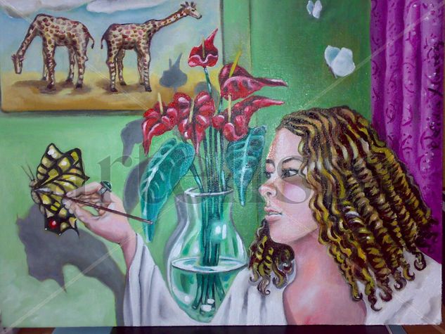 pintando una mariposa viva Oil Canvas Figure Painting