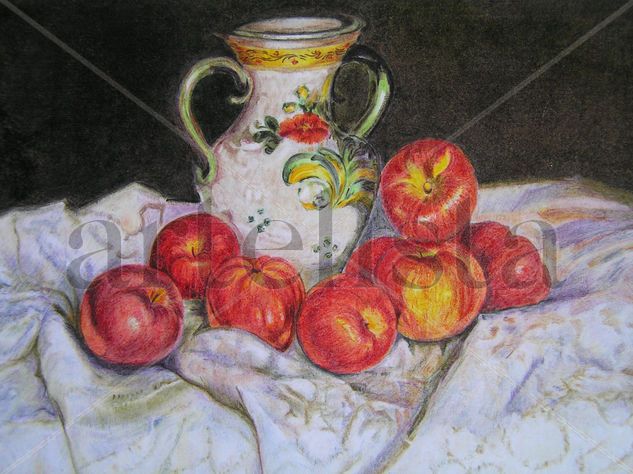 Manzanas sobre el mantel Pencil (coloured) Card Still Life Paintings