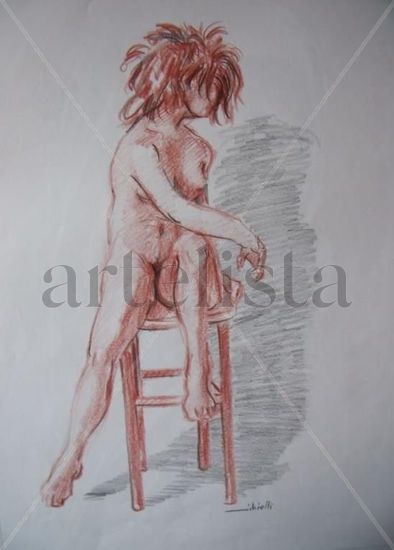 Nú sobre banqueta. Watercolour Paper Nude Paintings