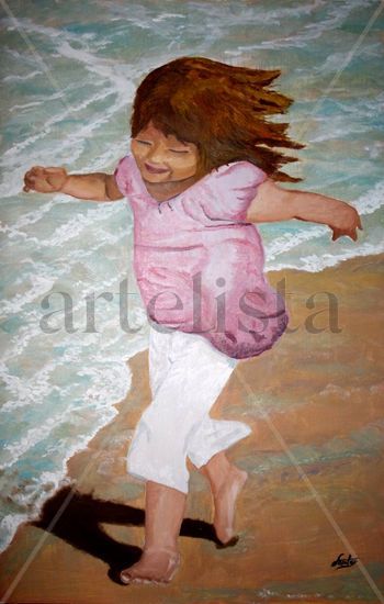 Niña corriendo en la playa Oil Panel Marine Painting