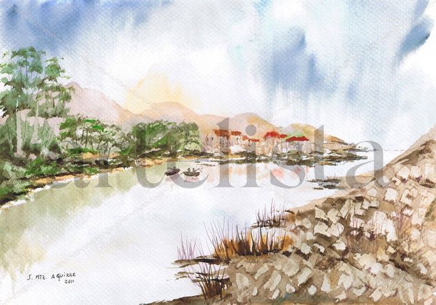 Ria, pueblo y lluvia en el mar Watercolour Paper Landscaping