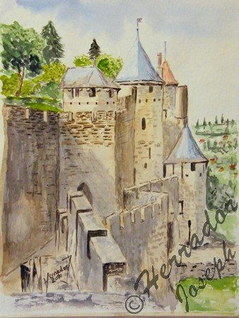 Cité médieval El castillo en Carcassonne Francia Acuarela Papel Paisaje