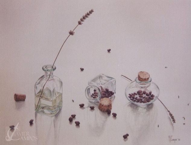 Botes de cristal con semillas y lavanda Watercolour Paper Still Life Paintings