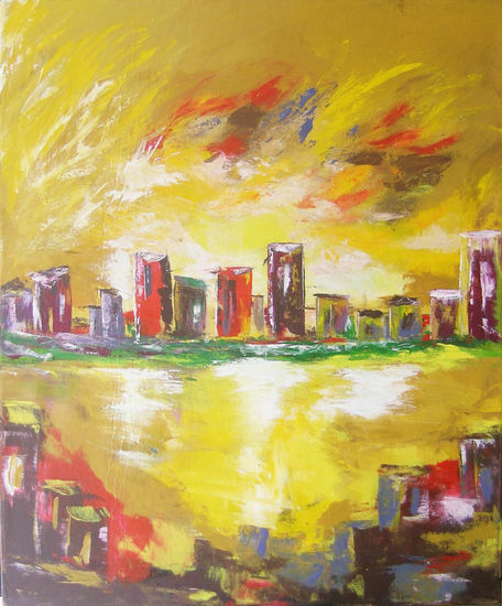 Ciudad espejo Óleo Lienzo Paisaje