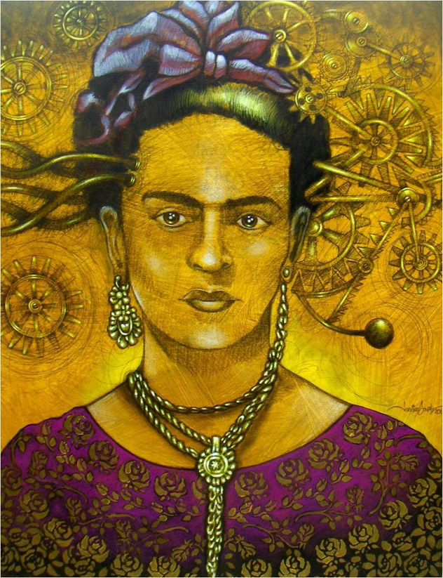 “Frida en amarillo con encajes de rosas”,
