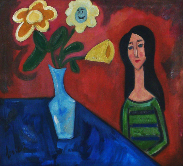 frente a 3 flores en la soledad de su casa Oil Canvas Floral Painting