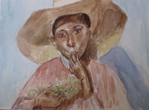 Muchacho comiendo uvas Watercolour Paper Figure Painting