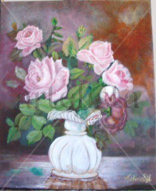 ROSAS EN JARRÓN DE CERAMICA ESTILO FRANCÉS. Oil Canvas Floral Painting