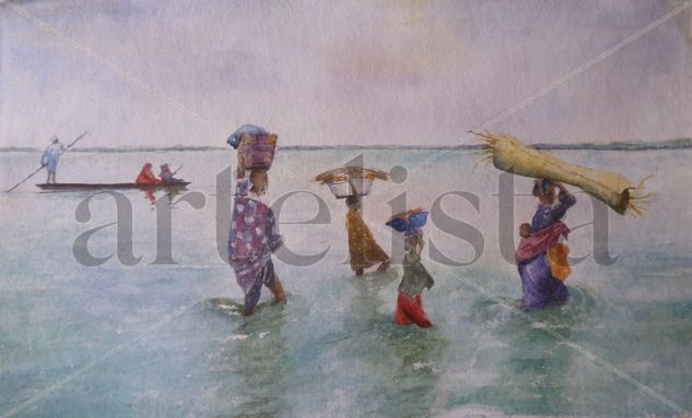 Pescadores de lago Chad Watercolour Paper Figure Painting