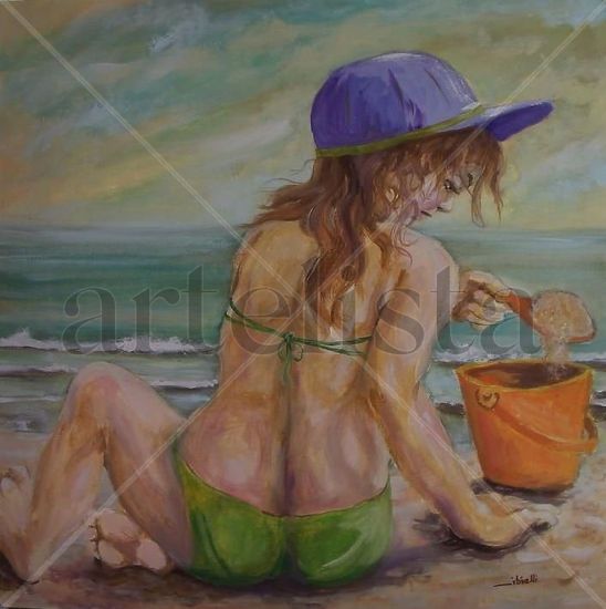 A menina com o balde laranja Oil Textile Figure Painting