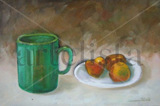 Natureza morta com pessegos e caneca Oil Textile Still Life Paintings