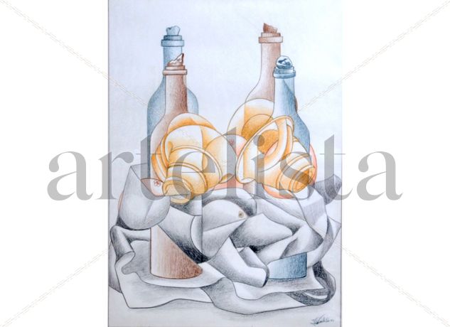 bodegón cubista Pencil (coloured) Paper Still Life Paintings