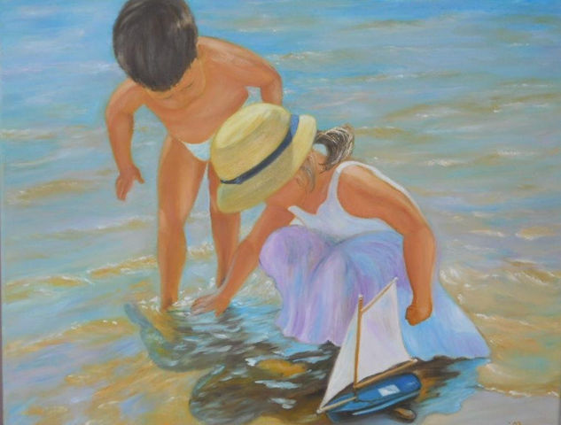 JUGANDO EN LA PLAYA Oil Canvas Marine Painting