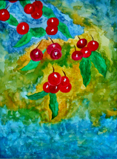 Cerezas y hojas Acuarela Papel Paisaje
