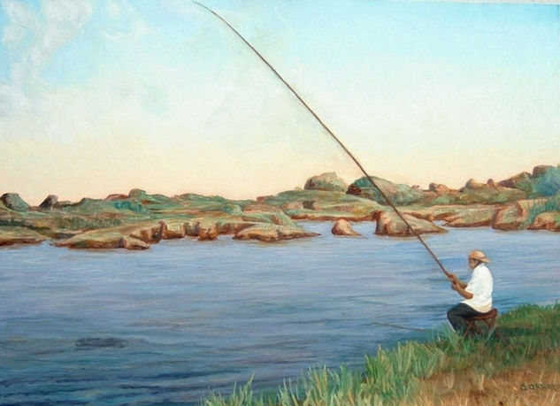 Pescador Óleo Tabla Paisaje