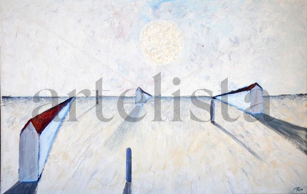 Horizonte con casas y luna