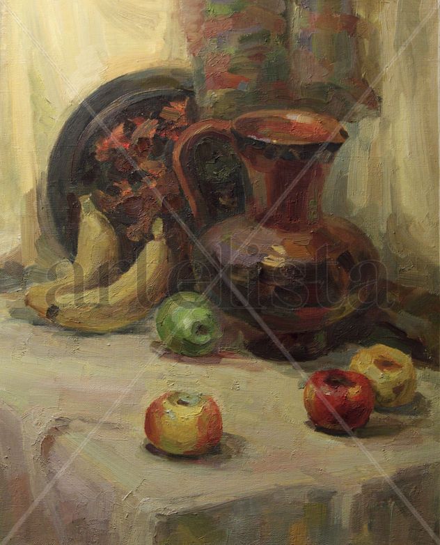 Un jarro de barro y las frutas