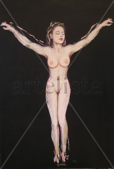 "Equilibrio en cruz" Óleo Tabla Desnudos