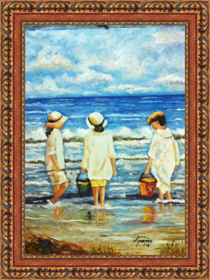 Niños en la playa Oil Panel Marine Painting