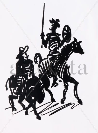 otros.Cuadro dibujo, Don Quijote y Sancho, cabalgando Screen-Printing