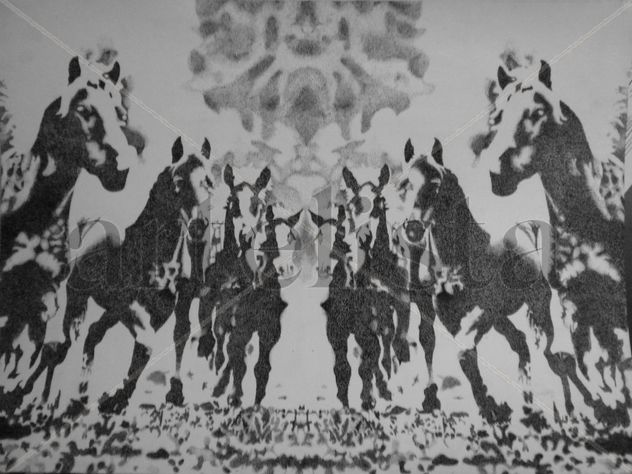 Pintura a la tinta china de caballos salvajes