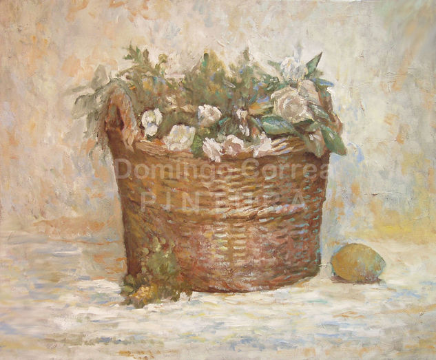 Canasto y rosas blancas Oil Canvas Floral Painting