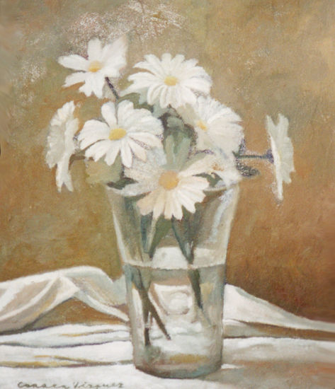 Jarrón con margaritas blancas Oil Canvas Floral Painting