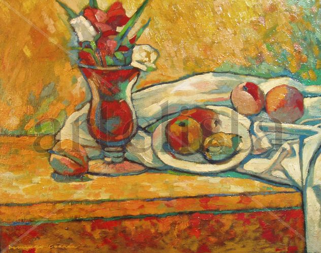 Jarrón rojo, flores y frutas