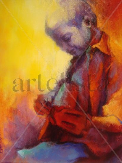 niño tocando la mandolina (en color) Oil Canvas Figure Painting