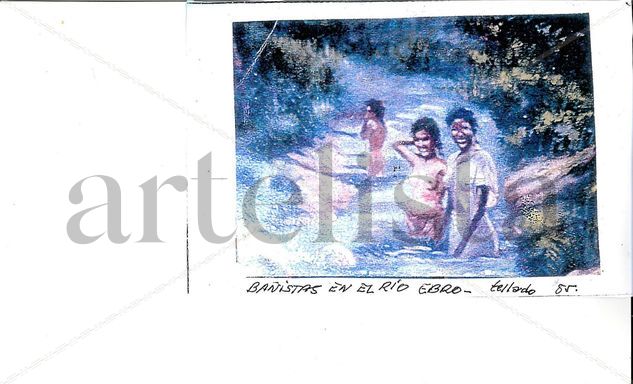 Bañistas en el río Ebro Gouache Papel Paisaje