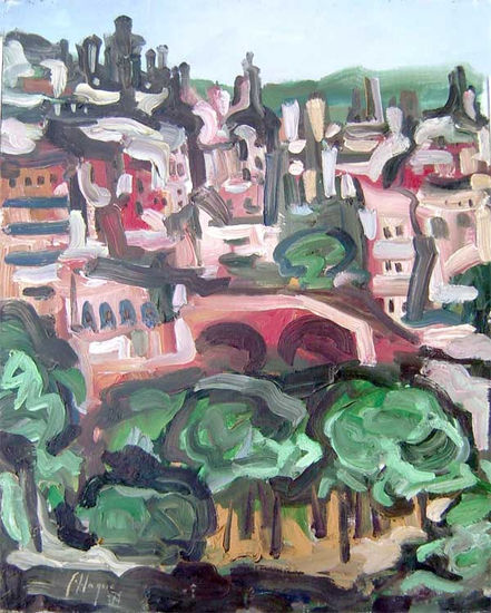 Casas de la ciudad y parque Oil Canvas Landscaping