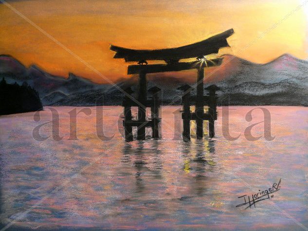 Atardecer en Japón Pastel Papel Paisaje