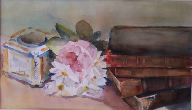 Tintero flores y libros 