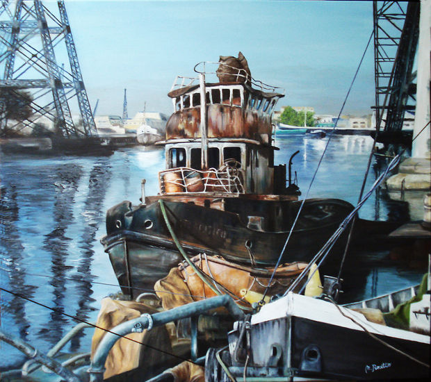 Barcazas en el Riachuelo Oil Canvas Marine Painting