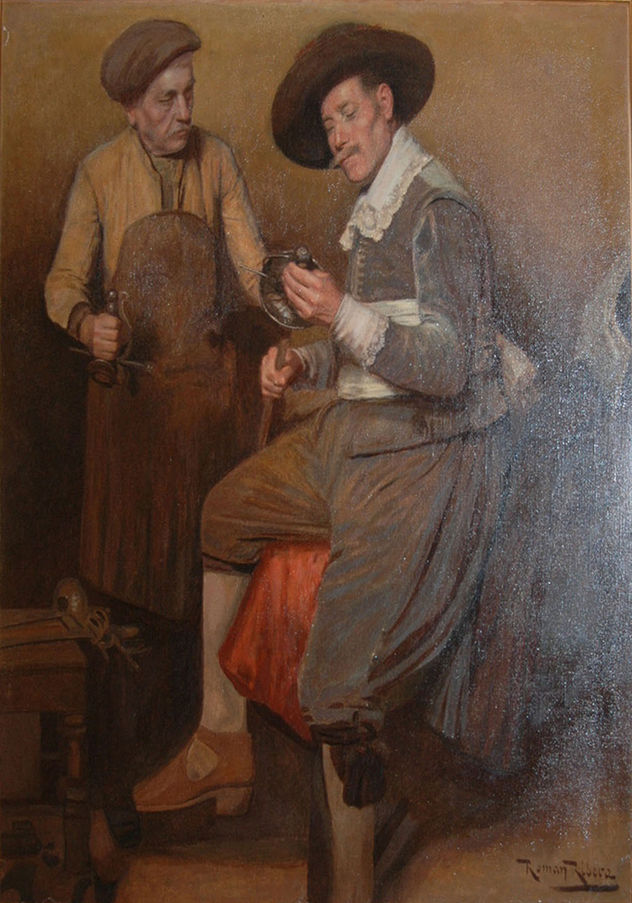 Roman Ribera, oleo sobre lienzo. "Caballero en casa del Herreo"