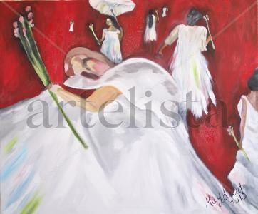 Damas de Blanco sobre fondo rojo