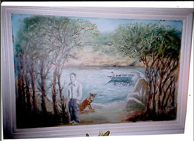 Marina con perro. Oil Canvas Marine Painting