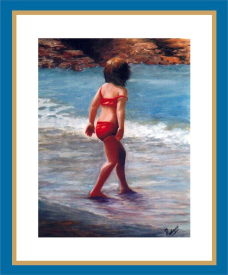 Niña entrando al baño Oil Panel Marine Painting