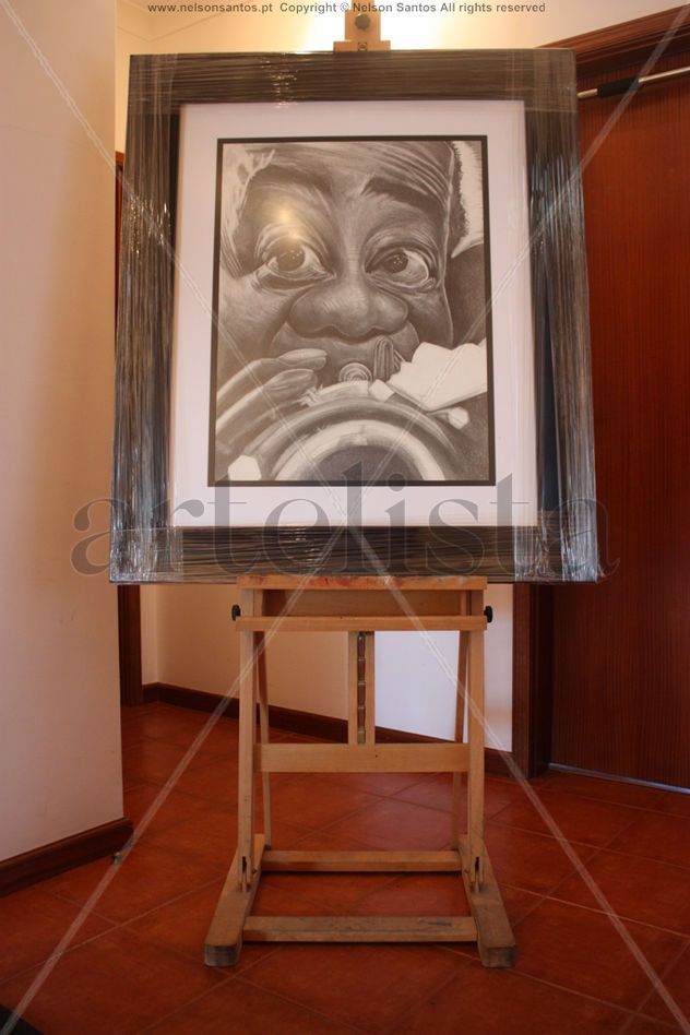 Louis Armstrong portrait playing jazz trumpet, Louis Armstrong retrato