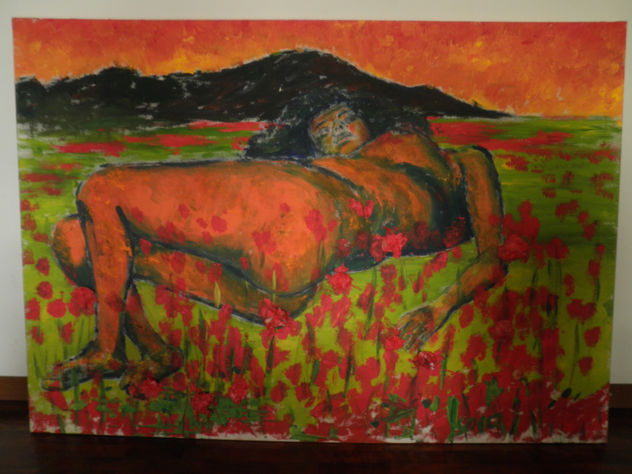 Dona estirada amb roselles