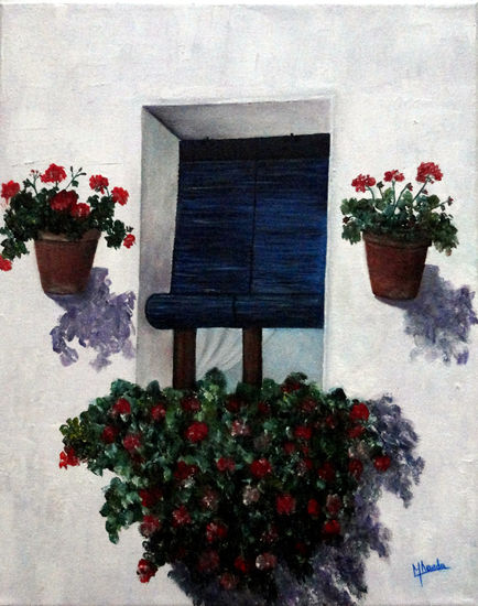 Ventana azul Óleo Lienzo Floral