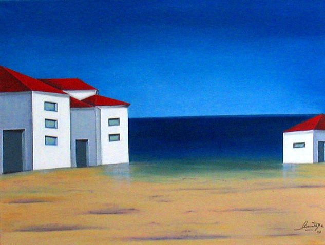 Casas sobre la playa. Houses on the beach. Oil Canvas Landscaping