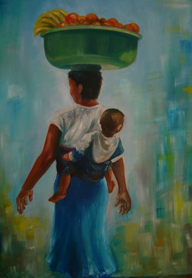 Mulher vendendo frutas, carregando bebe