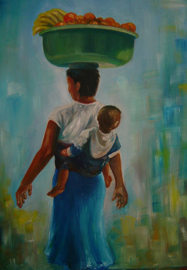 Mulher vendendo frutas, carregando bebe Oil Canvas Landscaping