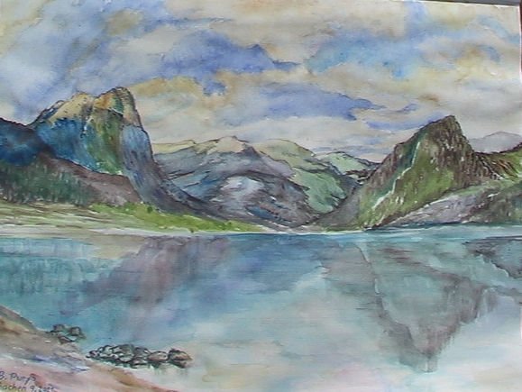 Lago entre montañas Acuarela Papel Paisaje