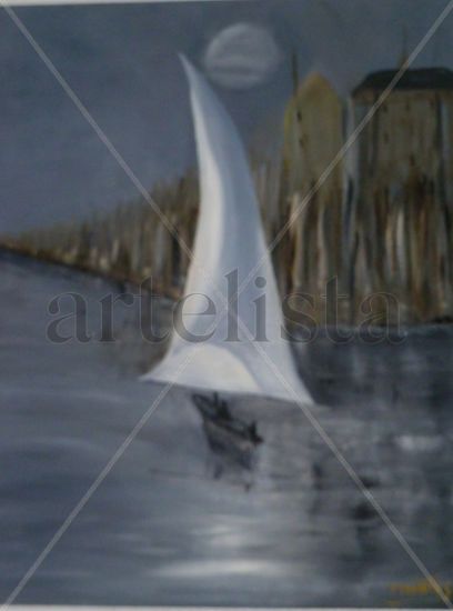 MARINA BAJO LA LUZ DE LA LUNA Oil Canvas Marine Painting