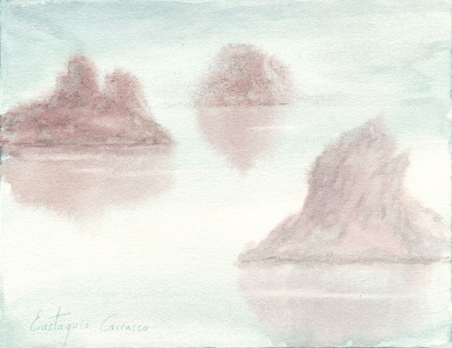 Tres peñones en el lago, (Three rocks in the lake) Acuarela Papel Paisaje